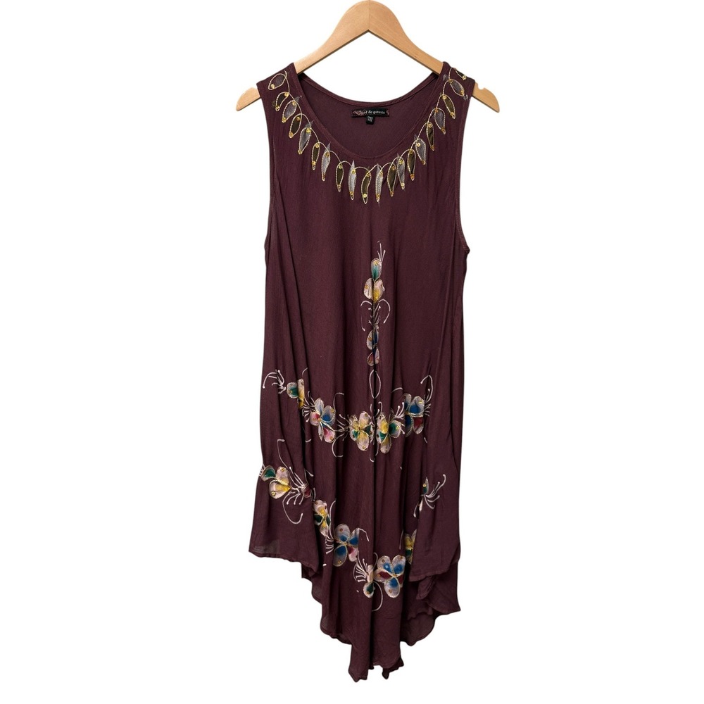 Just Be Gauze Tunic Dress Womens OS Burgundy‎ Boho Embroidered Beaded Asymmetric
